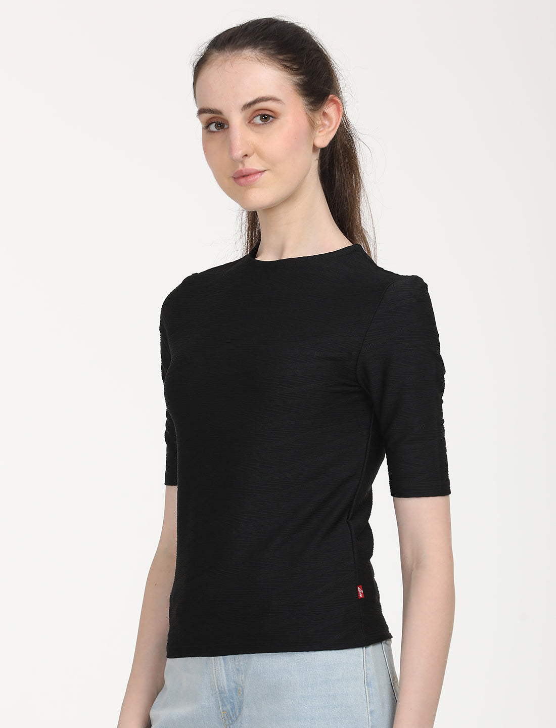 Women's Solid Black Round Neck Sweater - Side View