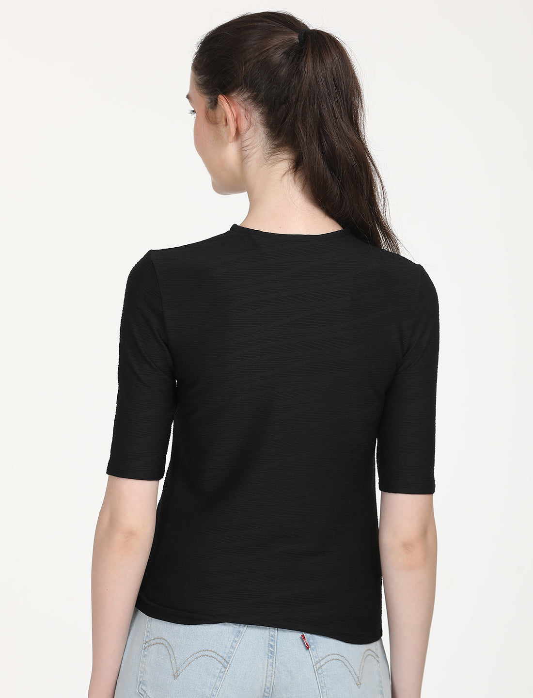 Women's Solid Black Round Neck Sweater - Back View
