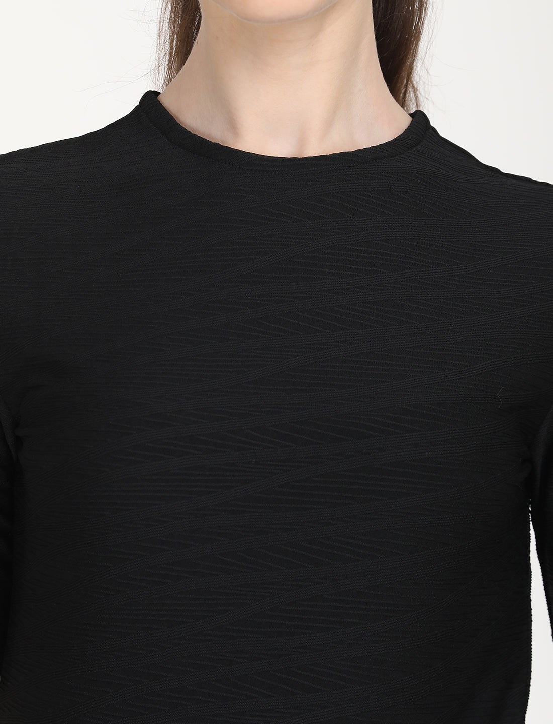 Women's Solid Black Round Neck Sweater - Detail View