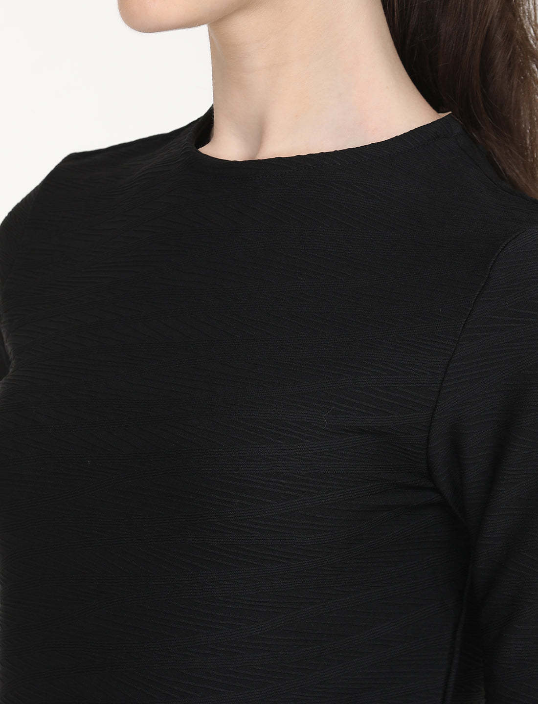 Women's Solid Black Round Neck Sweater - Detail View