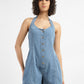 Women's Solid Blue Romper Denim Dress - 51f568e6-6228-42e3-9df1-9bbc827eb93f View
