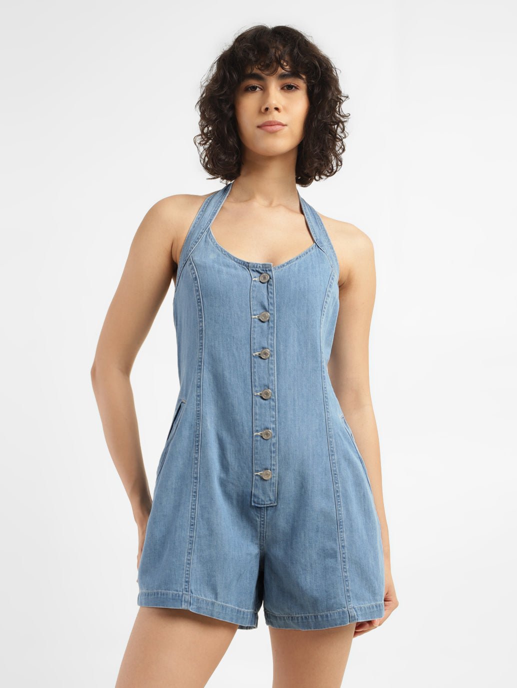 Women's Solid Blue Romper Denim Dress - 51f568e6-6228-42e3-9df1-9bbc827eb93f View