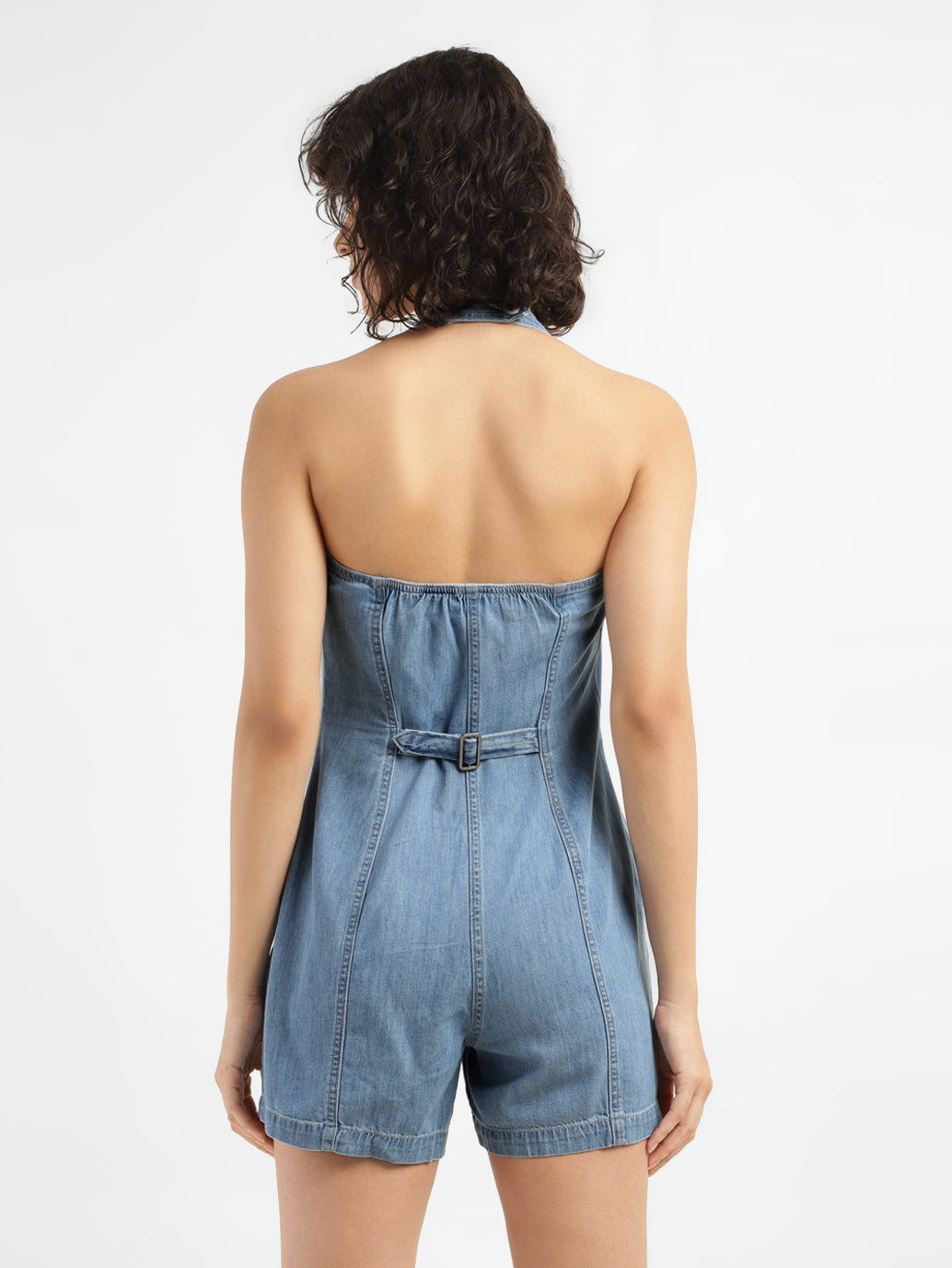 Women's Solid Blue Romper Denim Dress - 10398dd1-8a90-4f8f-aa7f-2fa48dce1b85 View