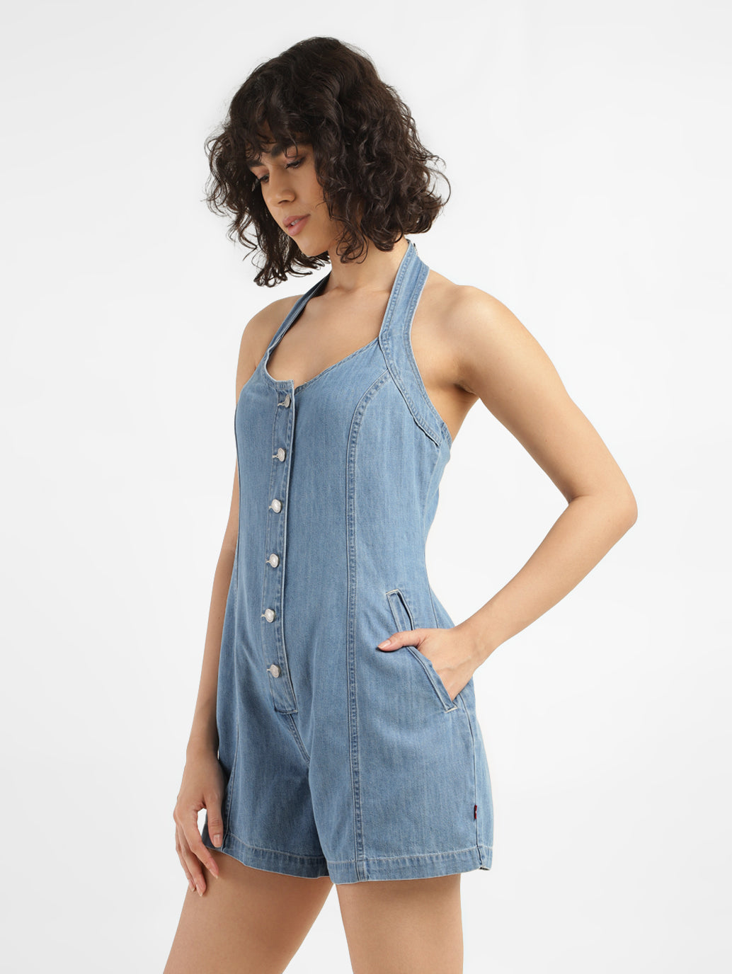 Women's Solid Blue Collar Romper Dress