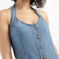 Women's Solid Blue Romper Denim Dress - FrontDetails View
