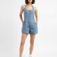 Women's Solid Blue Romper Denim Dress - ModelFront View
