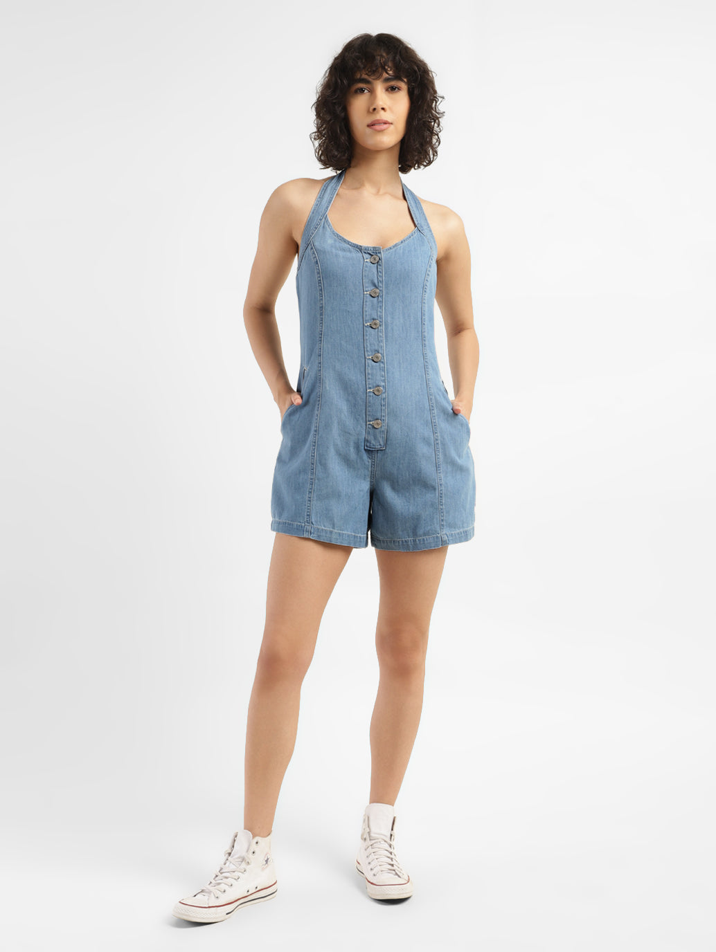 Women's Solid Blue Romper Denim Dress - ModelFront View