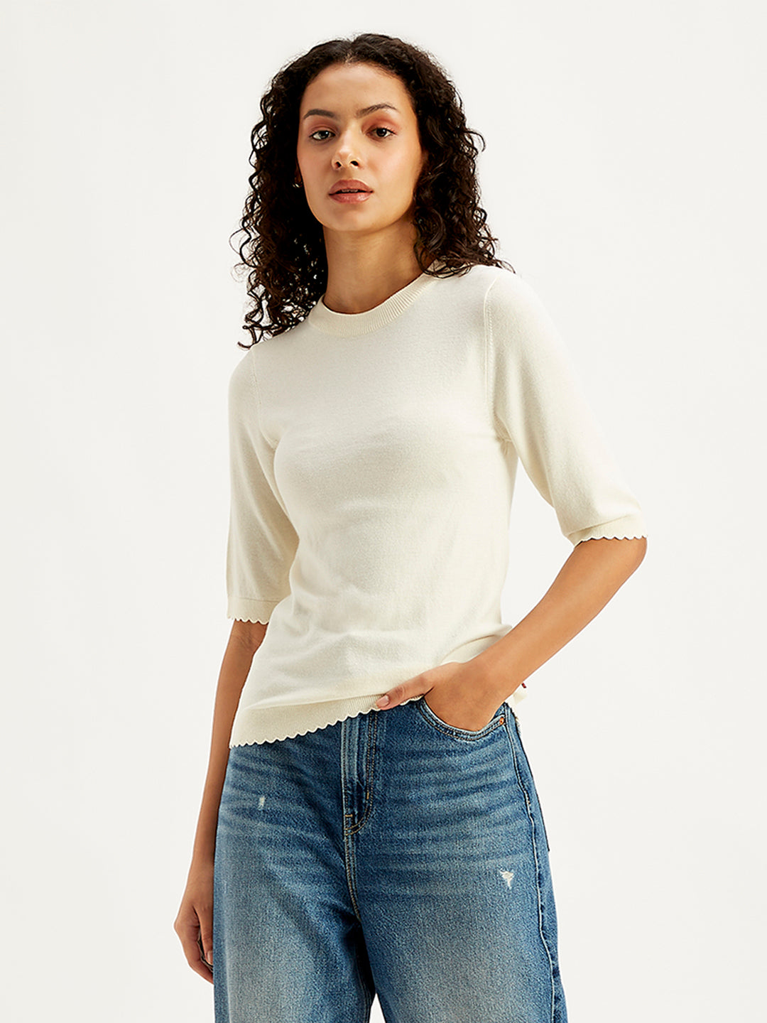 Women's Solid White Crew Neck Sweater - Front View