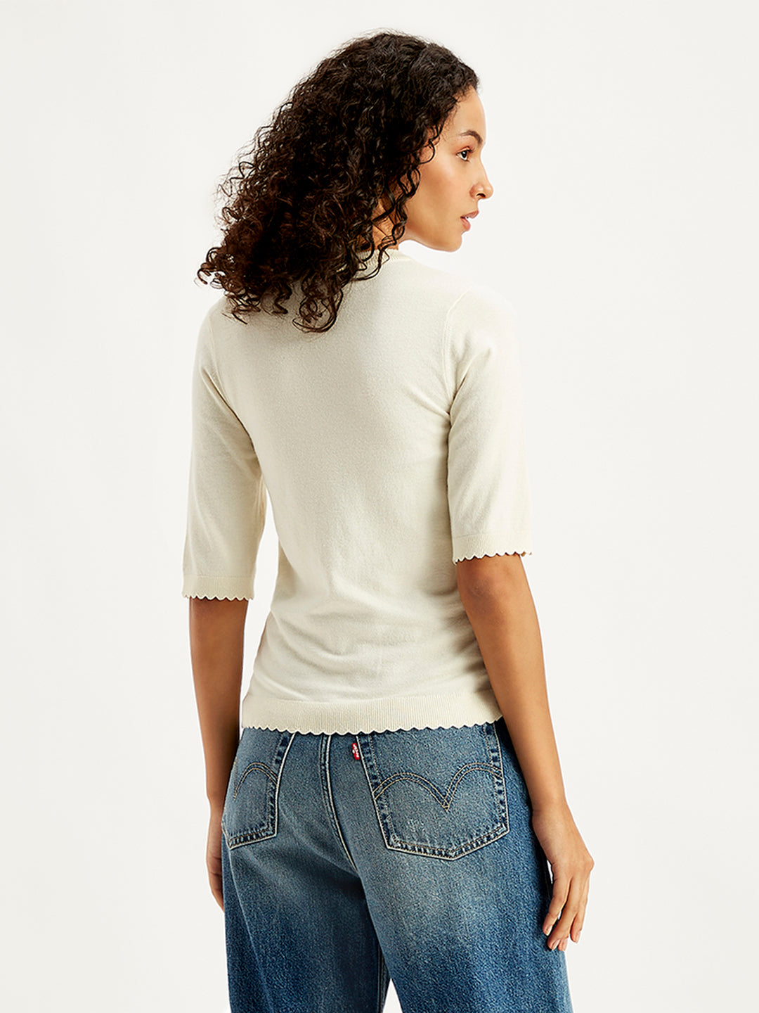 Women's Solid White Crew Neck Sweater - Back View