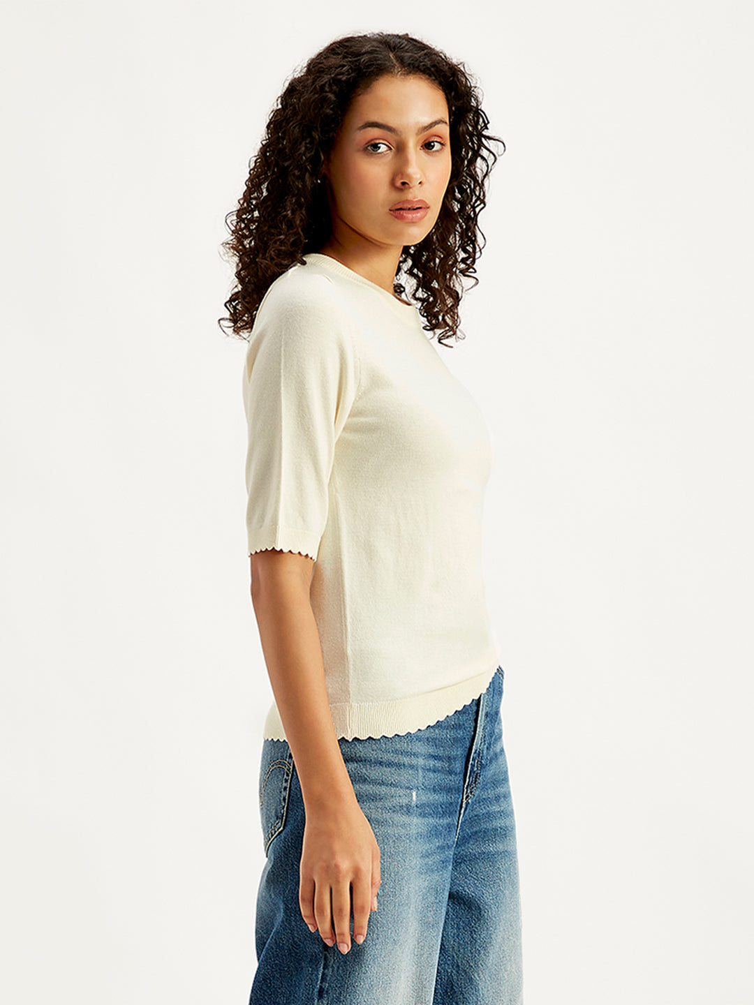 Women's Solid White Crew Neck Sweater - Side View