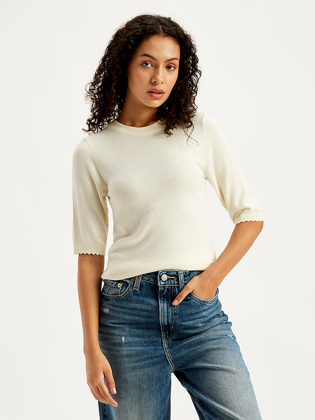 Women's Solid White Crew Neck Sweater - Styleshot View