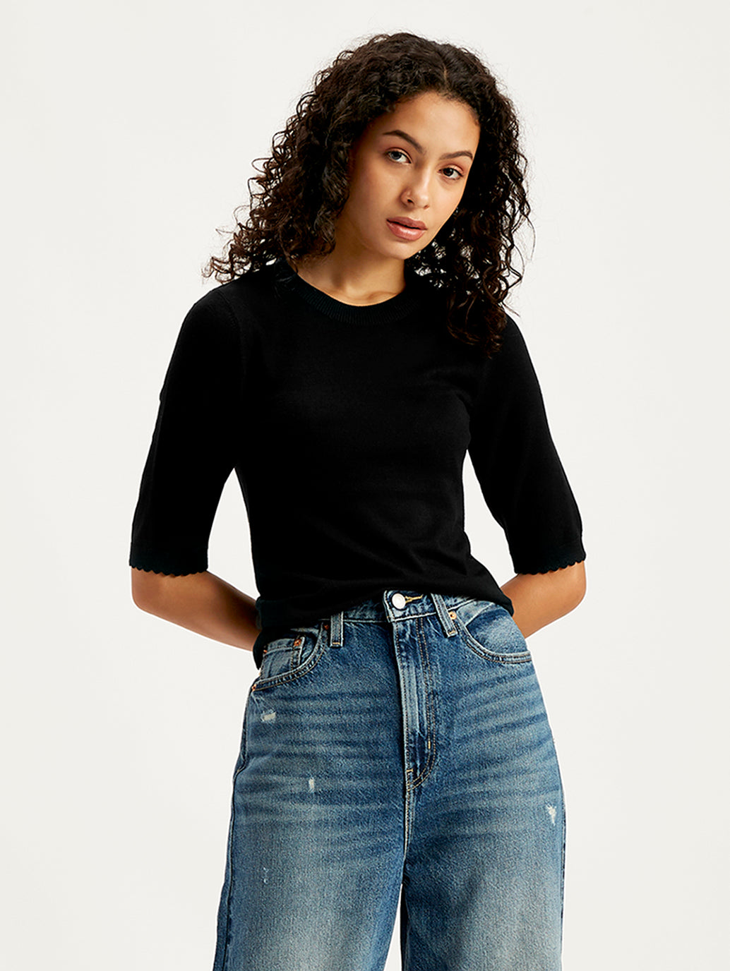 Women's Solid Black Crew Neck Sweater - c86f63dd-248c-47b1-ad9e-0ee3b88d3dc7 View