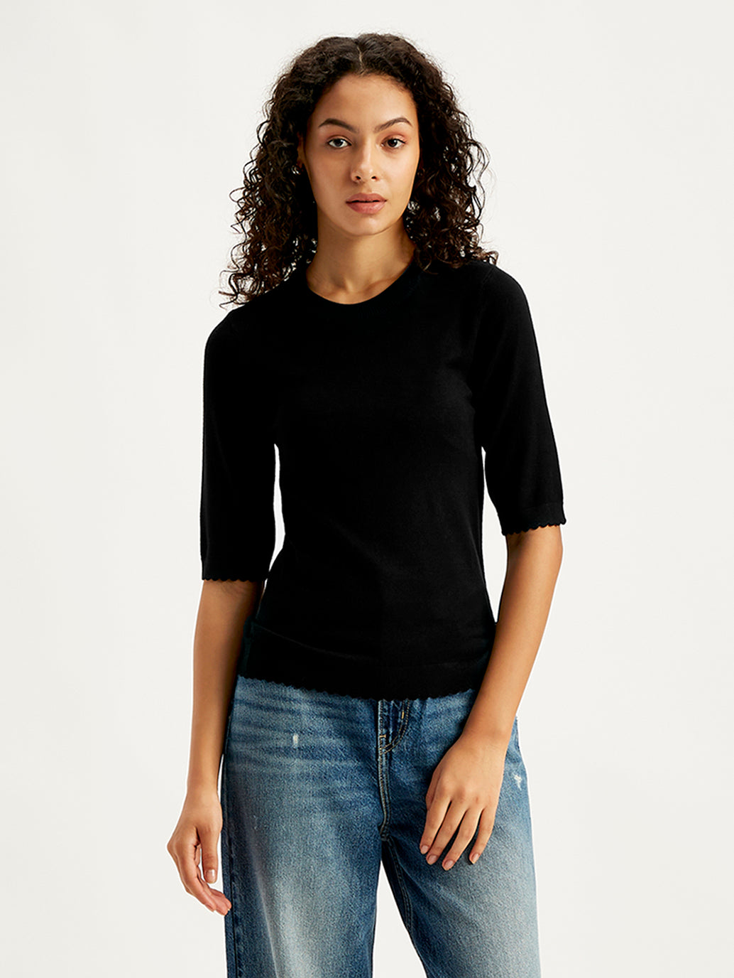 Women's Solid Black Crew Neck Sweater - 2df5a4a7-3226-47a2-b07d-3c468ebd0d75 View