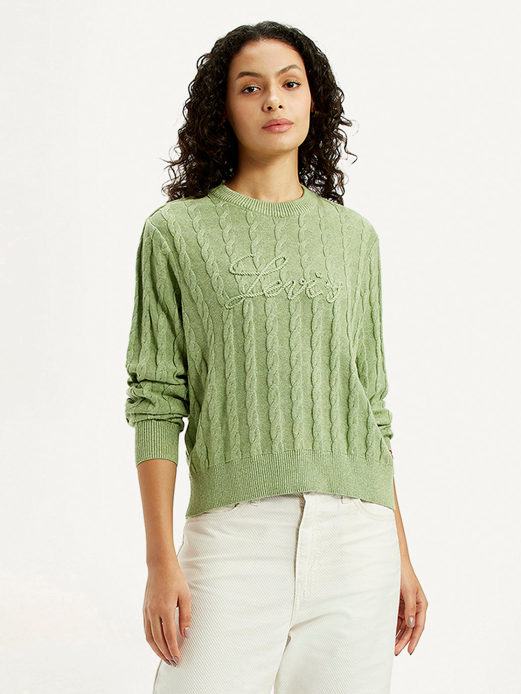 Women's Brand Logo Light Green Crew Neck Sweater - Styleshot View