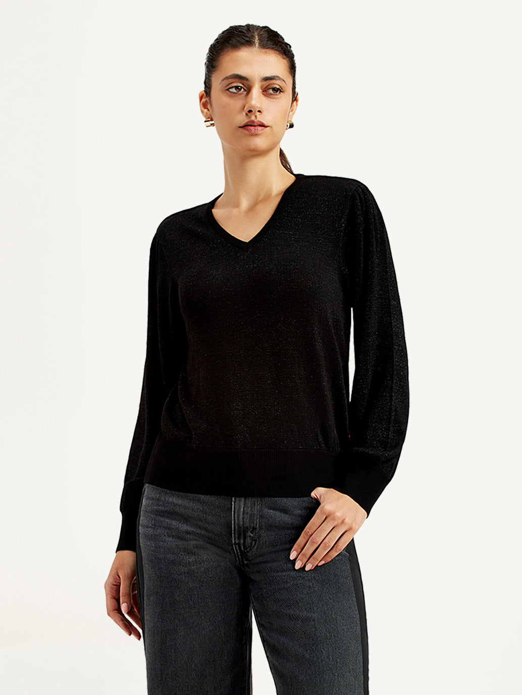 Women's Solid Black V Neck Sweater - Front View