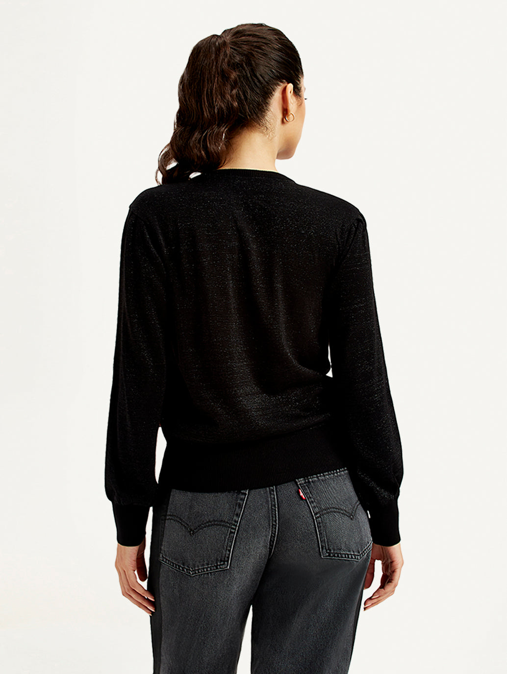 Women's Solid Black V Neck Sweater - Back View