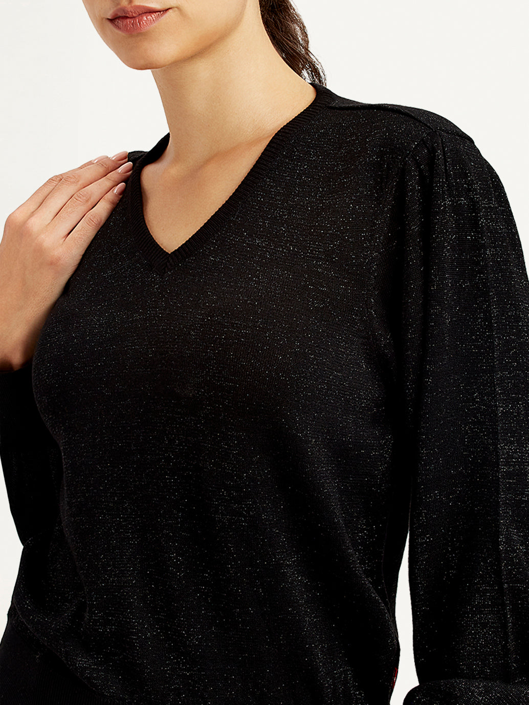 Women's Solid Black V Neck Sweater - Detail View