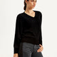 Women's Solid Black V Neck Sweater - Side View