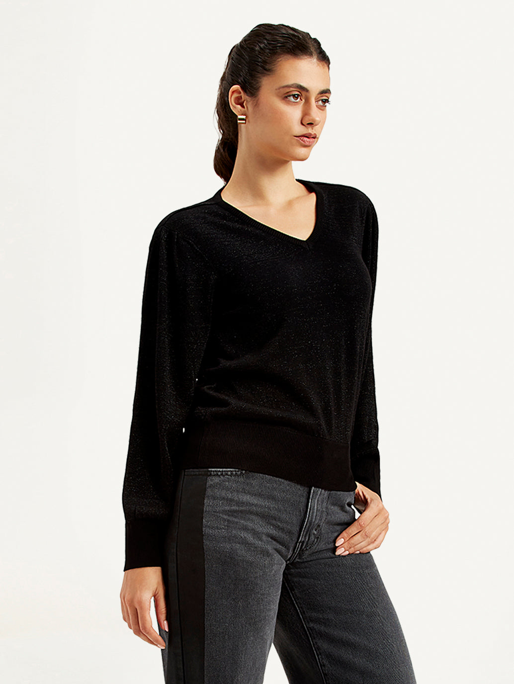 Women's Solid Black V Neck Sweater - Side View