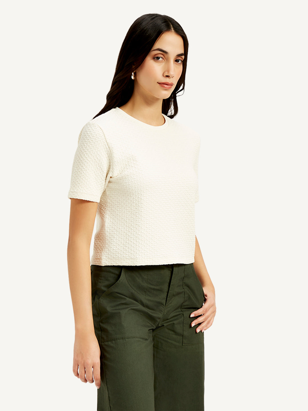 Women's Textured White Crew Neck Top - Side View