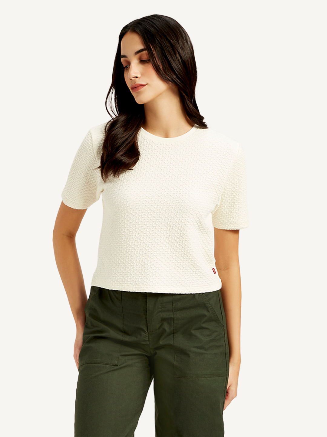Women's Textured White Crew Neck Top - Styleshot View