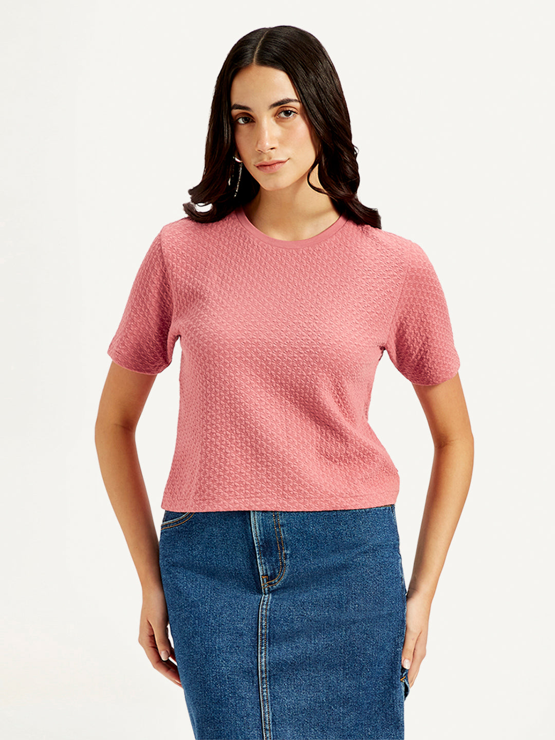 Women's Textured Peach Crew Neck Top - Front View