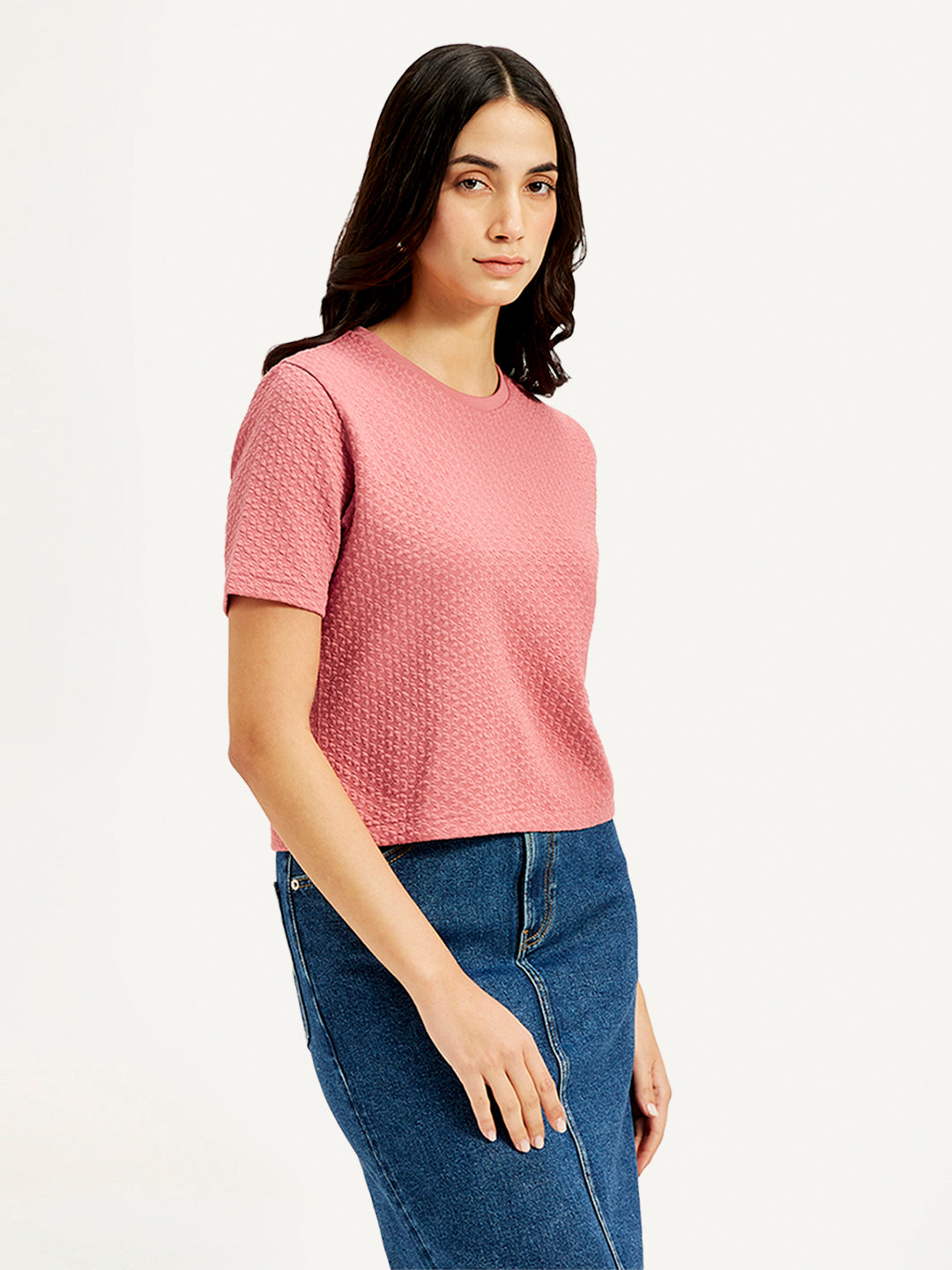 Women's Textured Peach Crew Neck Top - Side View