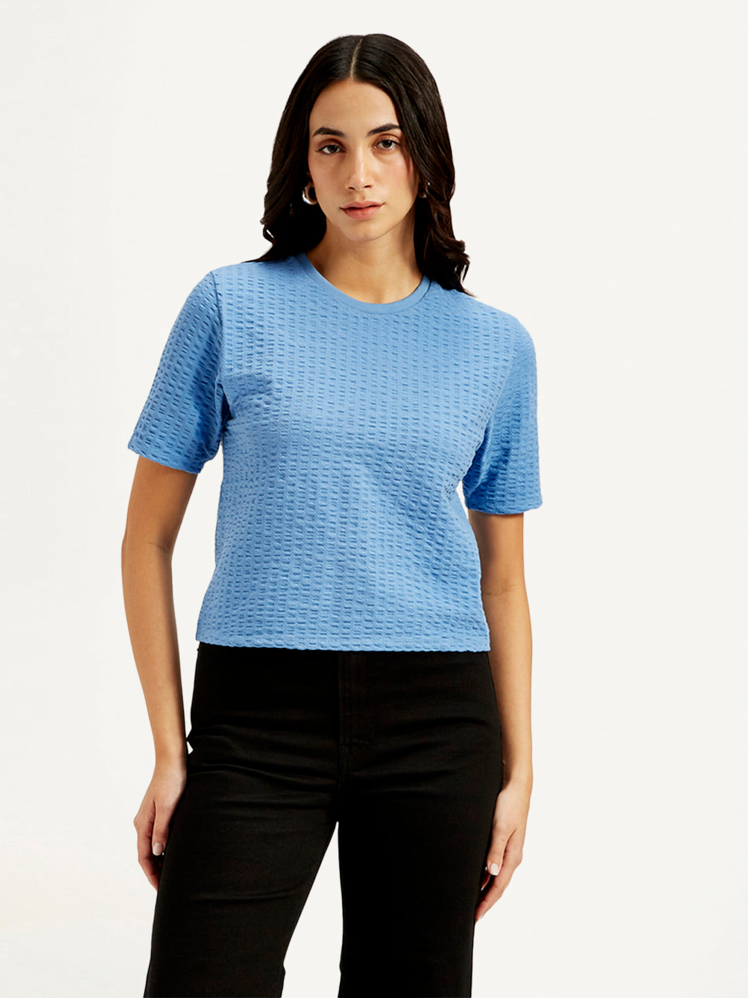 Women's Textured Blue Crew Neck Top - Front View