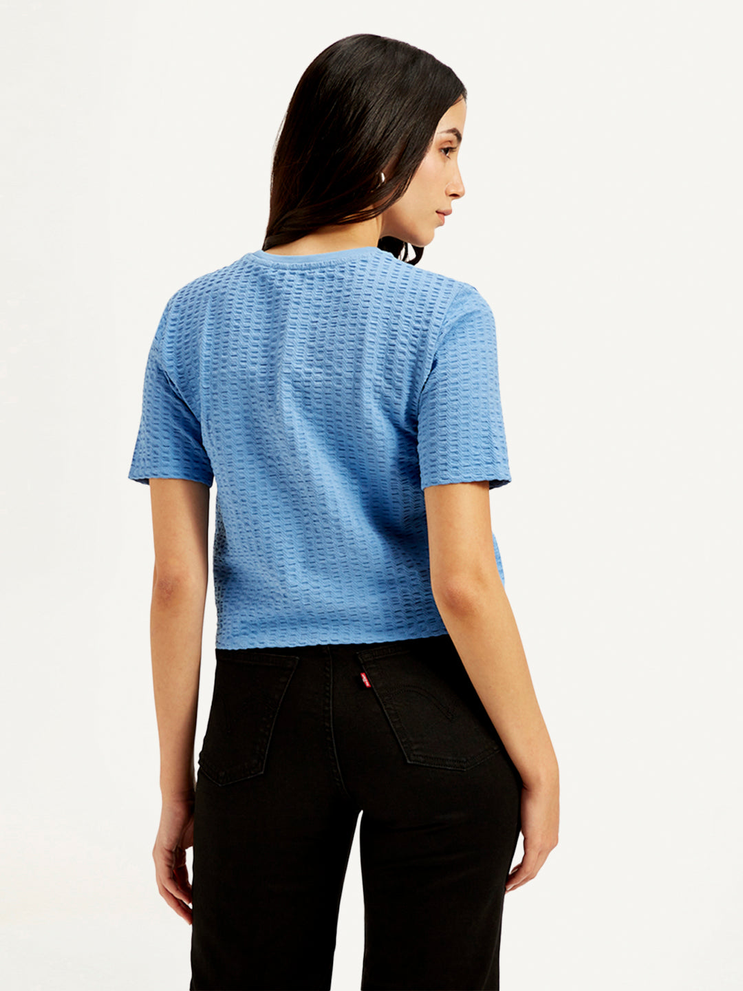 Women's Textured Blue Crew Neck Top - Back View