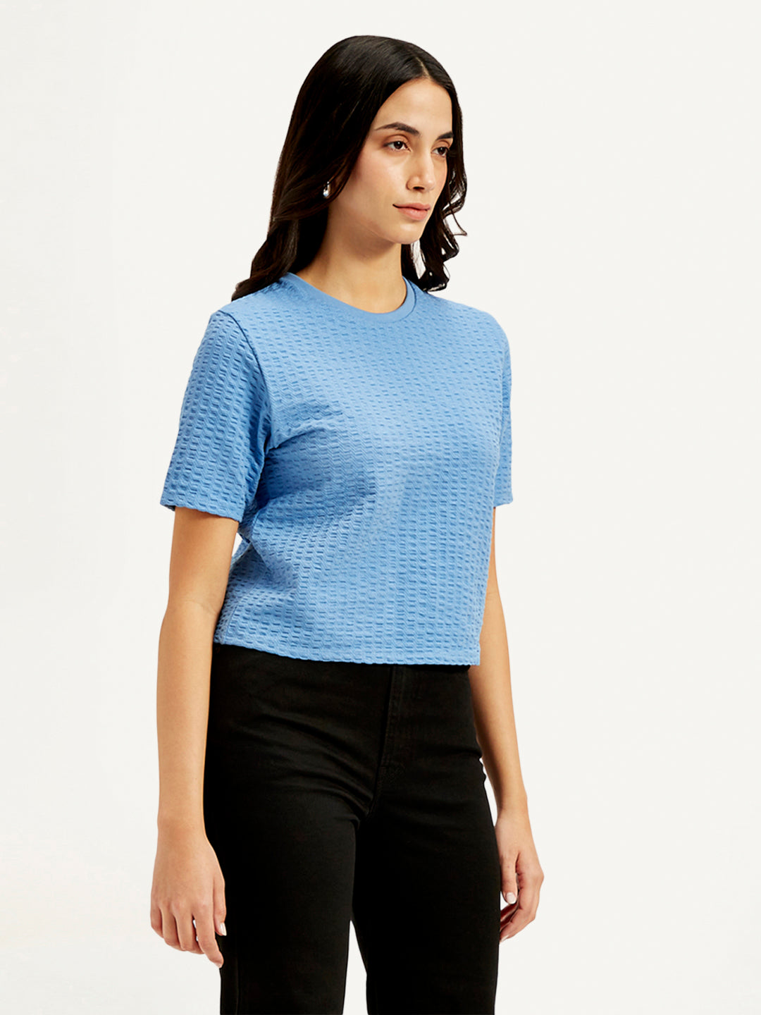 Women's Textured Blue Crew Neck Top - Side View