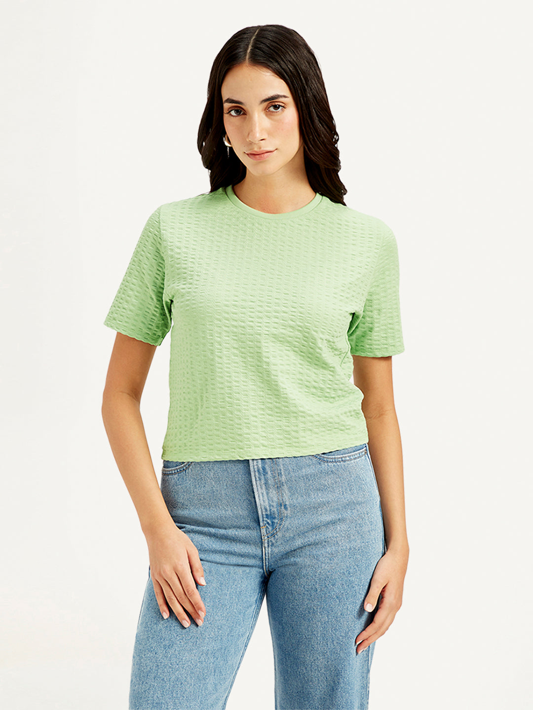 Women's Textured Light-Green Crew Neck Top - Front View