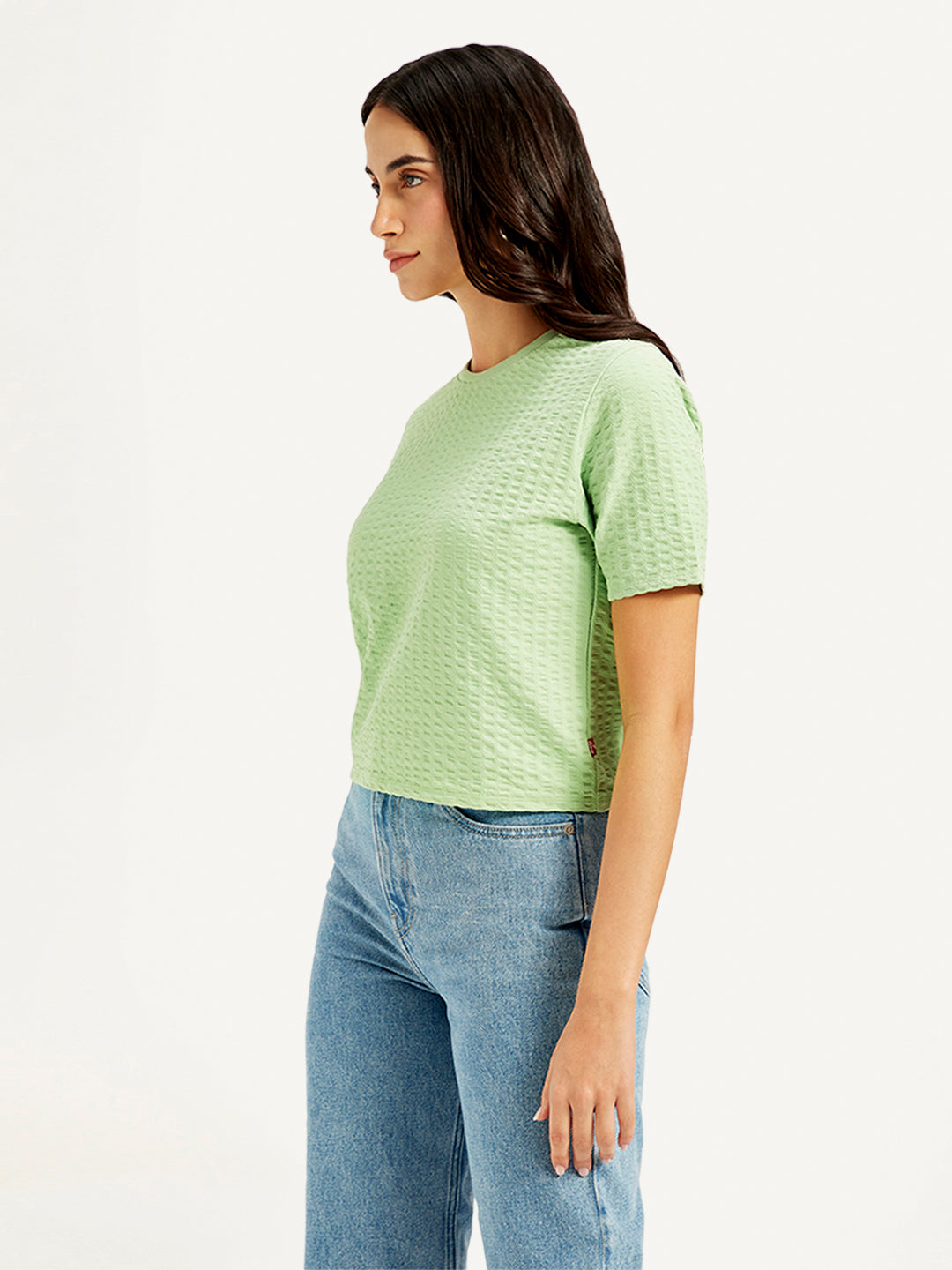 Women's Textured Light-Green Crew Neck Top - Side View