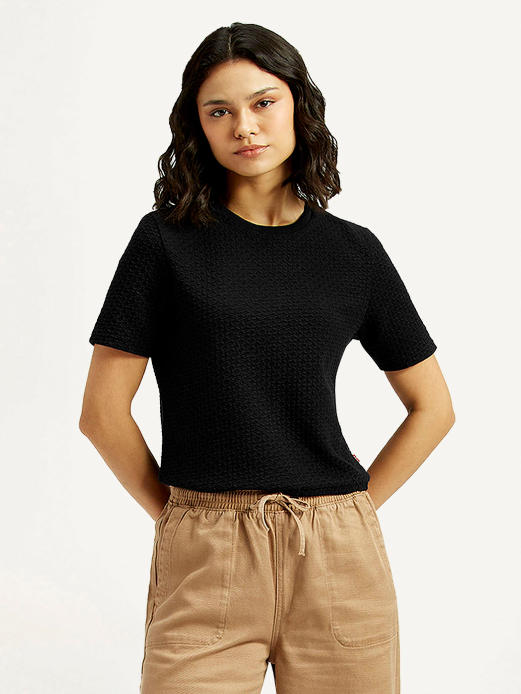 Women's Textured Black Crew Neck Top - Styleshot View
