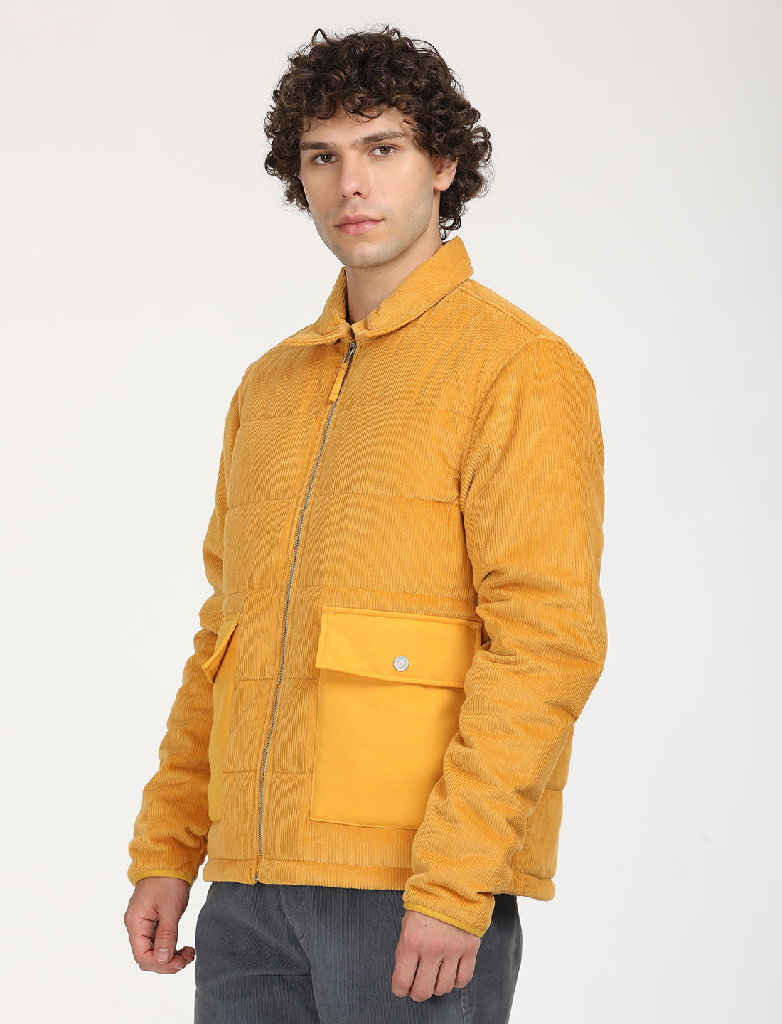 Men's Quilted Yellow Spread Collar Puffer Jacket - RightSide View