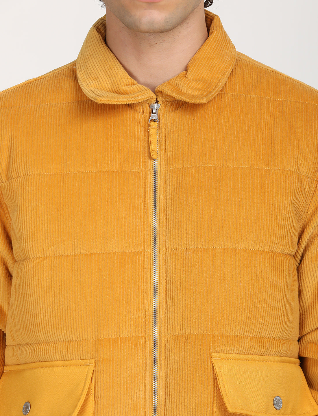 Men's Quilted Yellow Spread Collar Puffer Jacket - Detail View