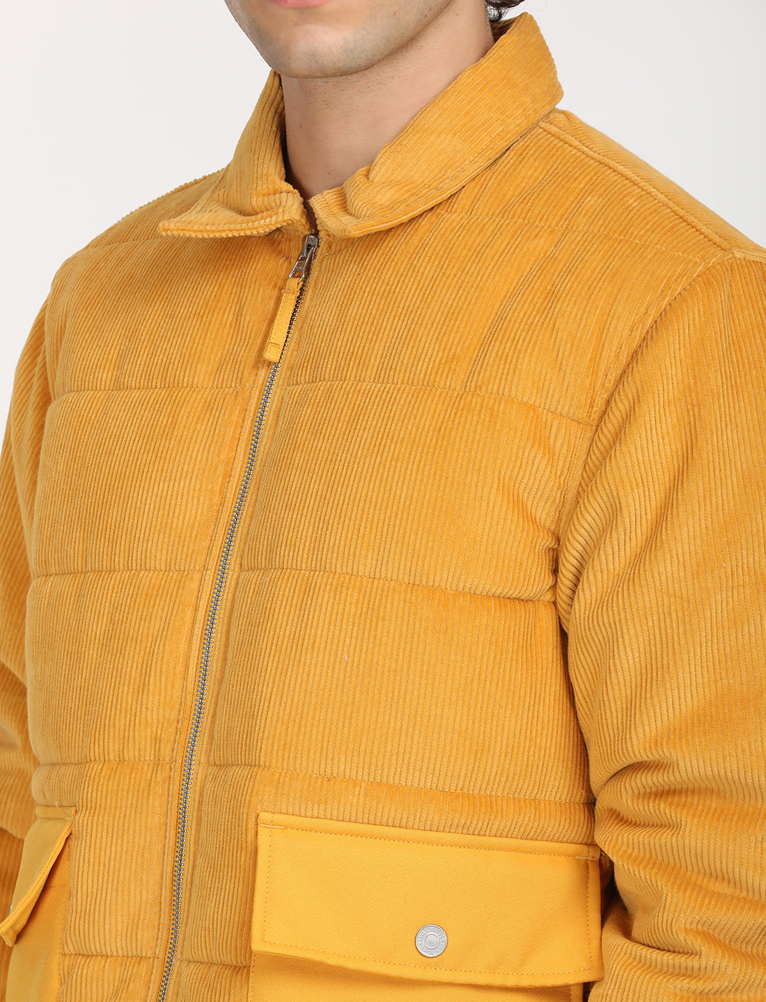 Men's Quilted Yellow Spread Collar Puffer Jacket - Detail View