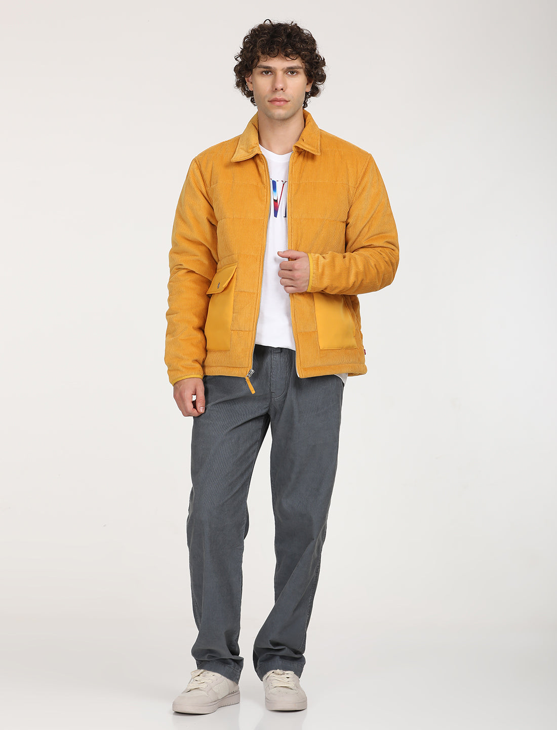 Men's Quilted Yellow Spread Collar Puffer Jacket - 8 View