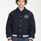 Men's Solid Navy Spread Collar Varsity Jacket - Front View