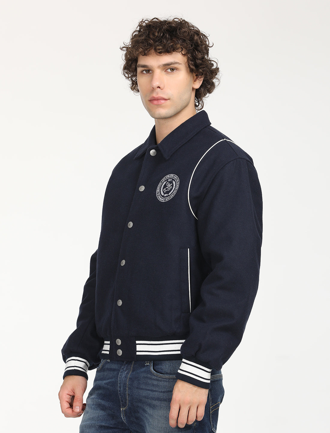 Men's Solid Navy Spread Collar Varsity Jacket - RightSide View