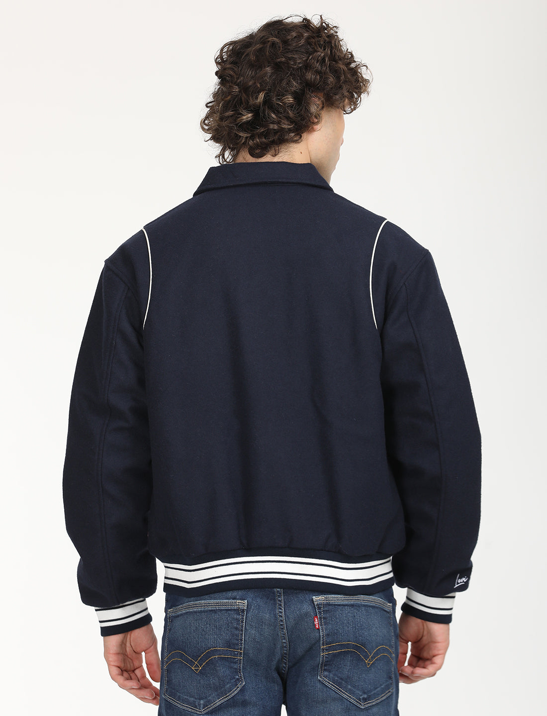 Men's Solid Navy Spread Collar Varsity Jacket - Back View
