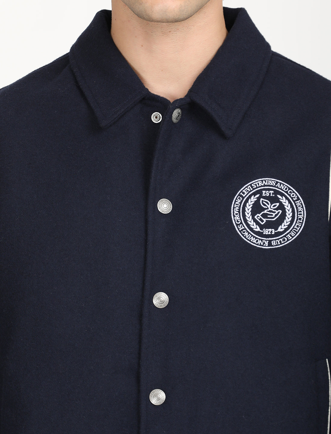 Men's Solid Navy Spread Collar Varsity Jacket - Detail View