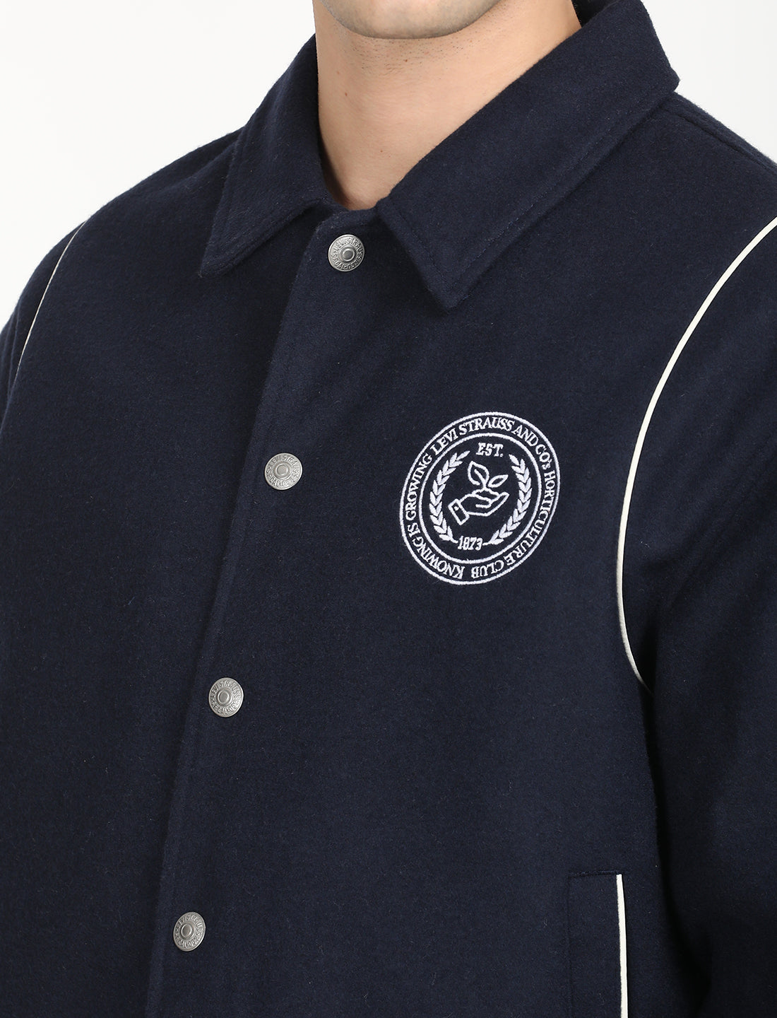 Men's Solid Navy Spread Collar Varsity Jacket - Detail View