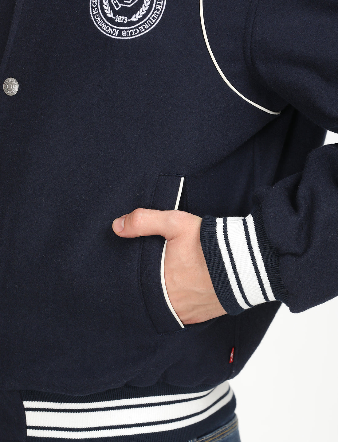 Men's Solid Navy Spread Collar Varsity Jacket - 6 View
