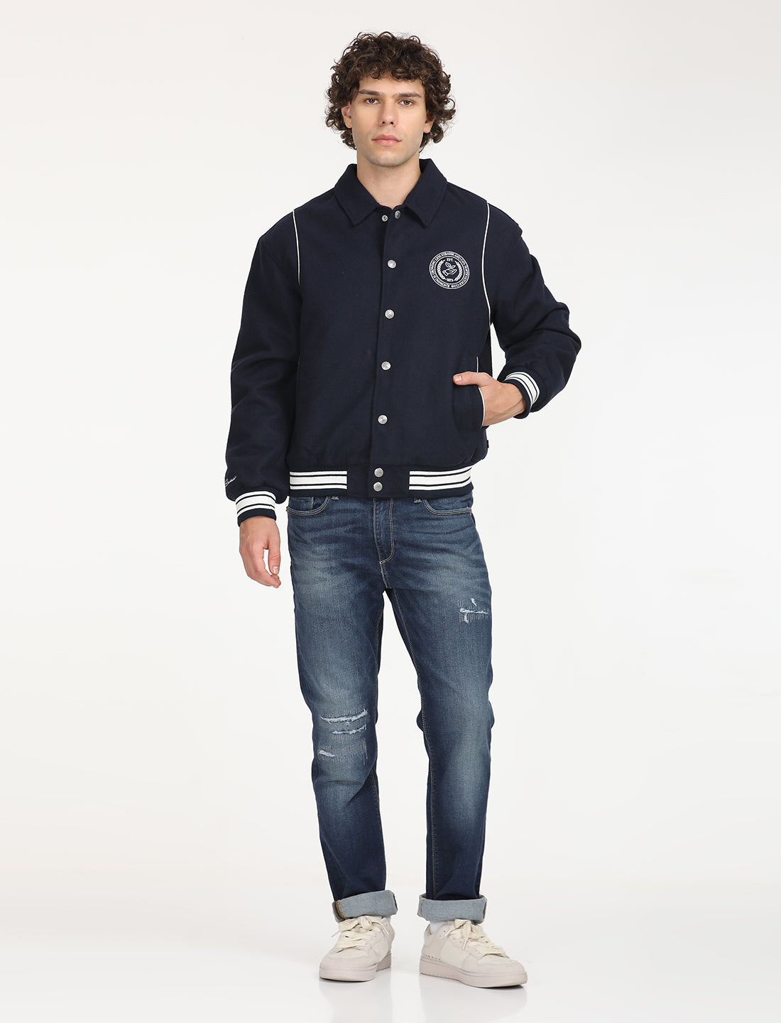 Men's Solid Navy Spread Collar Varsity Jacket - 7 View