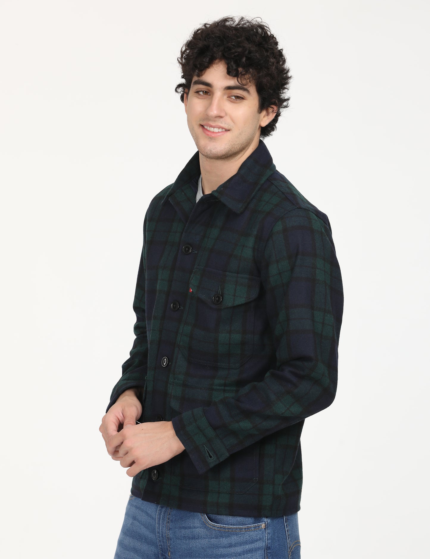Men's Plaid Navy Spread Collar Shacket - RightSide View