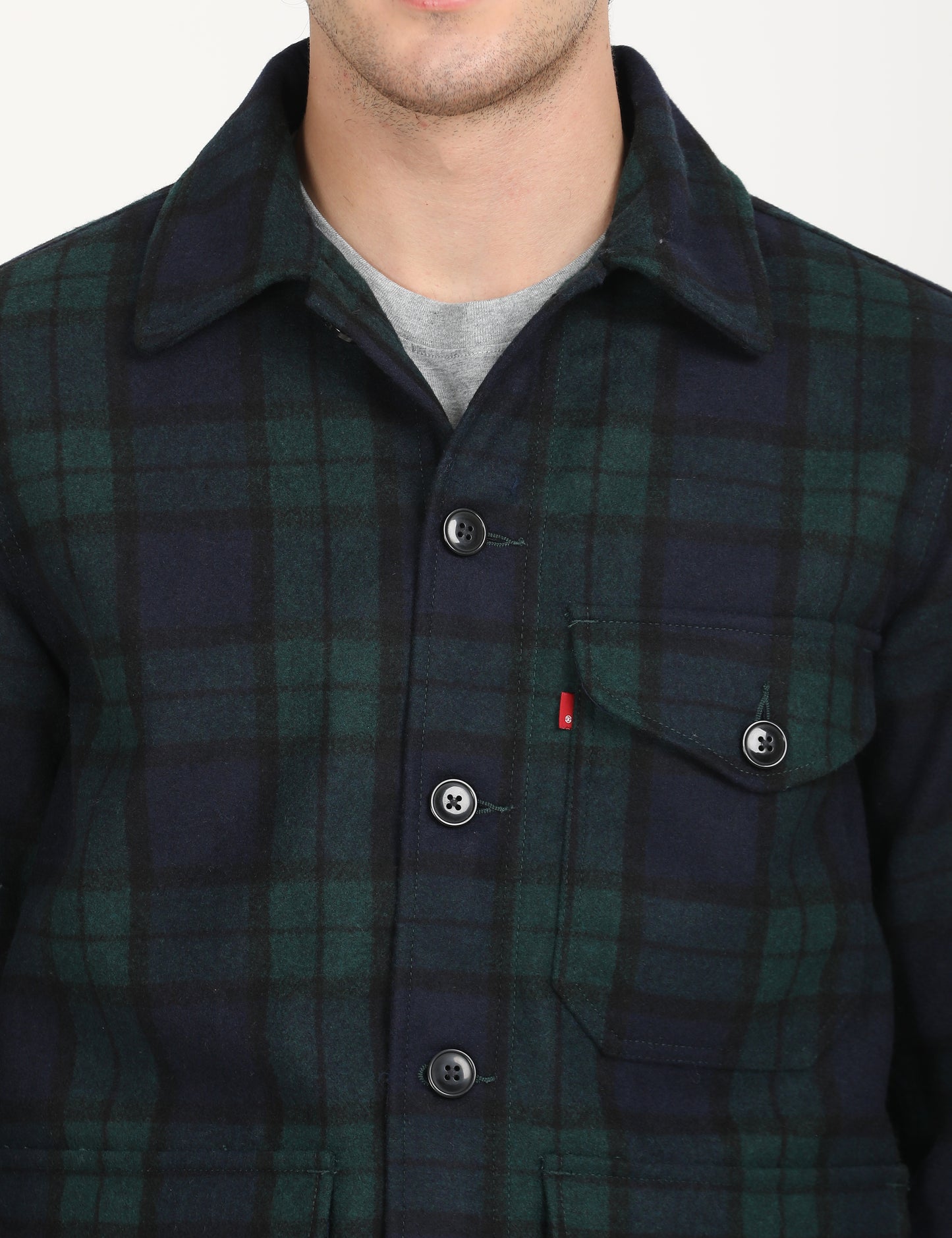 Men's Plaid Navy Spread Collar Shacket - deatil View