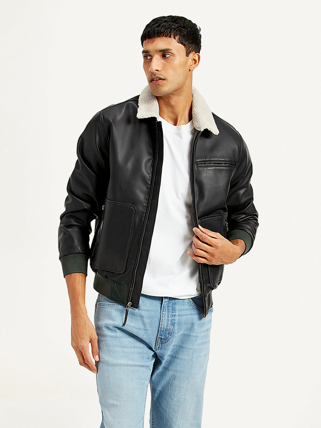 Men's Solid Dark Brown Spread Collar Leather Jacket - Styleshot View