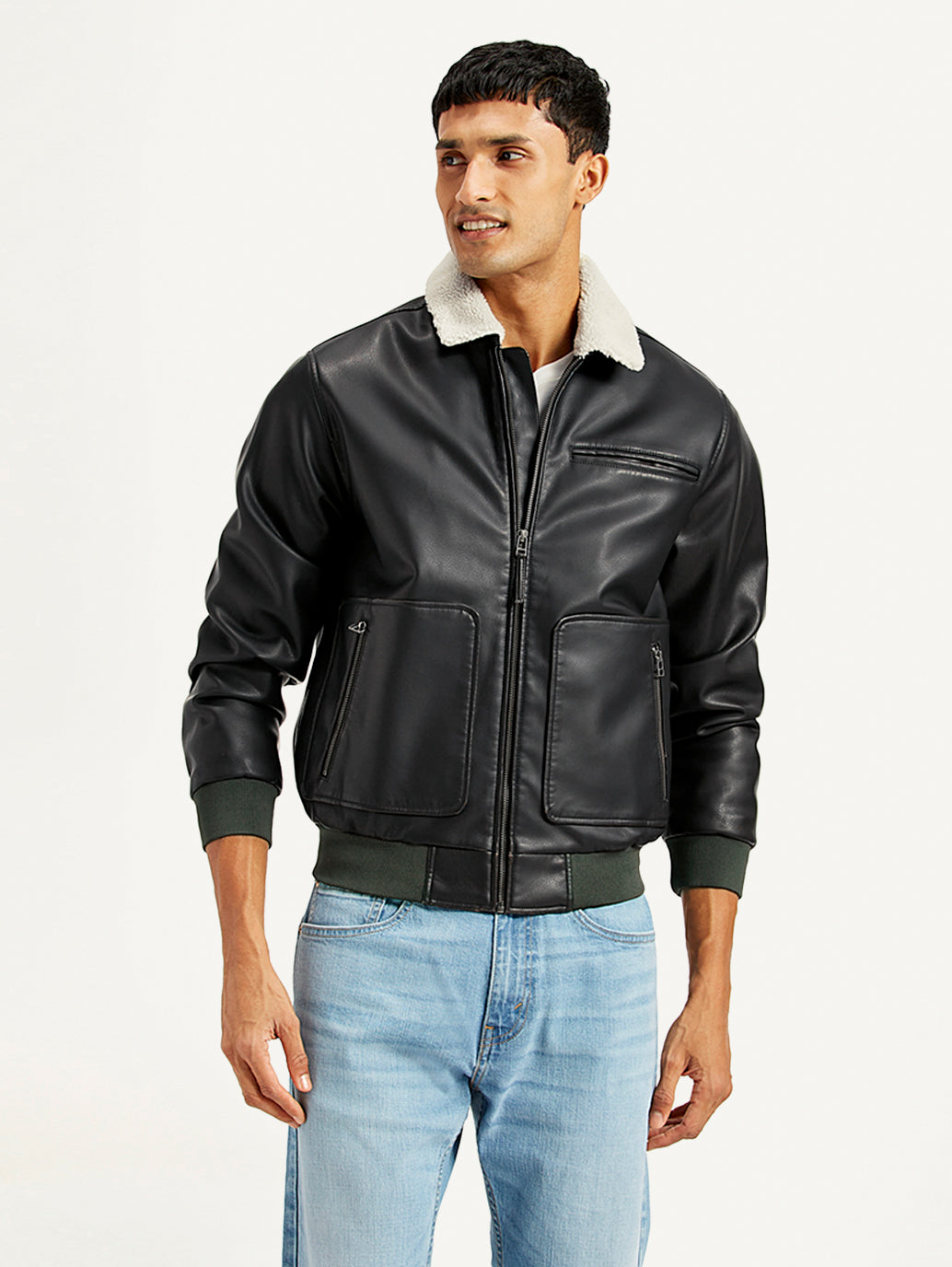 Men's Solid Dark Brown Spread Collar Leather Jacket - Front View