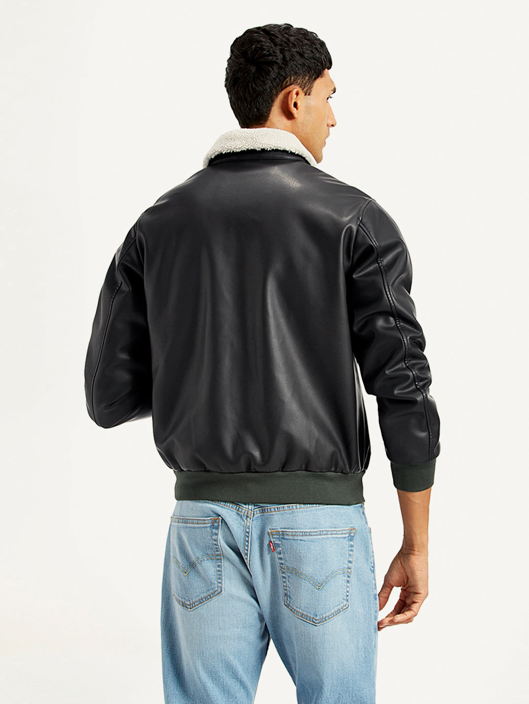 Men's Solid Dark Brown Spread Collar Leather Jacket - Back View