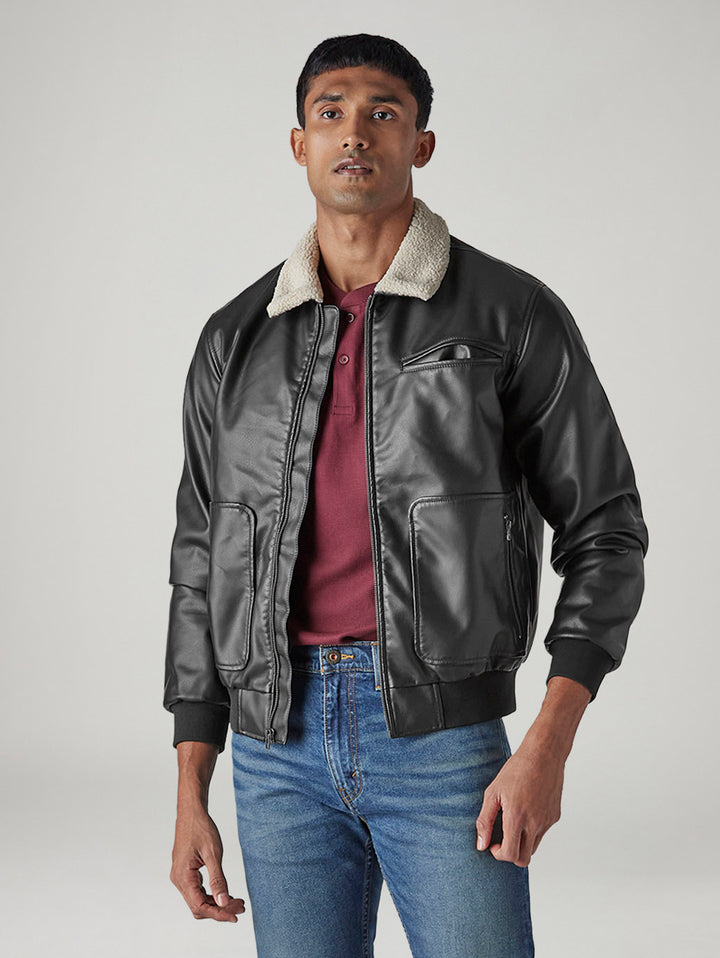 Men's Solid Regular Faux Leather Jacket